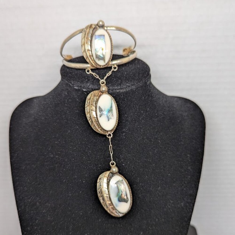 Vintage Slave Bracelet and ring with abalone shell made in Mexico